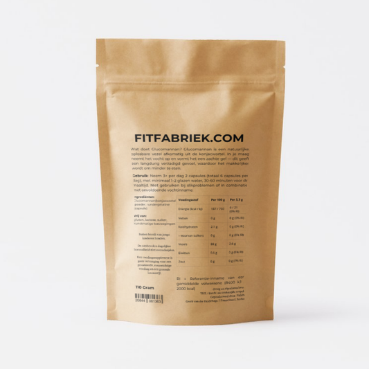 Glucomannan Capsules: 200 stuks van FITFABRIEK.COM, productafbeelding: achterkant.